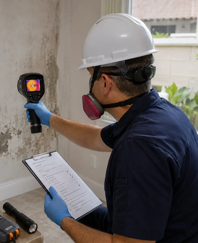 Mold inspection specialist examining HVAC ducts and indoor air quality in a West Palm Beach home