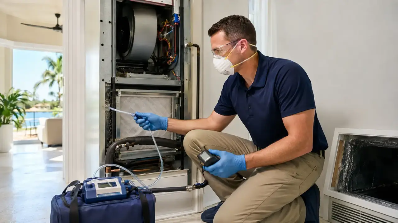 Mold inspection specialist examining HVAC ducts and indoor air quality in a West Palm Beach home