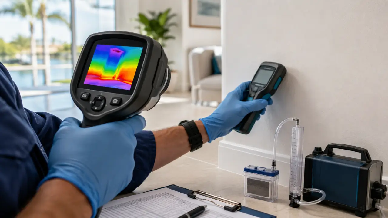 Thermal imaging camera and calibrated moisture meter locating hidden moisture in a West Palm Beach property
